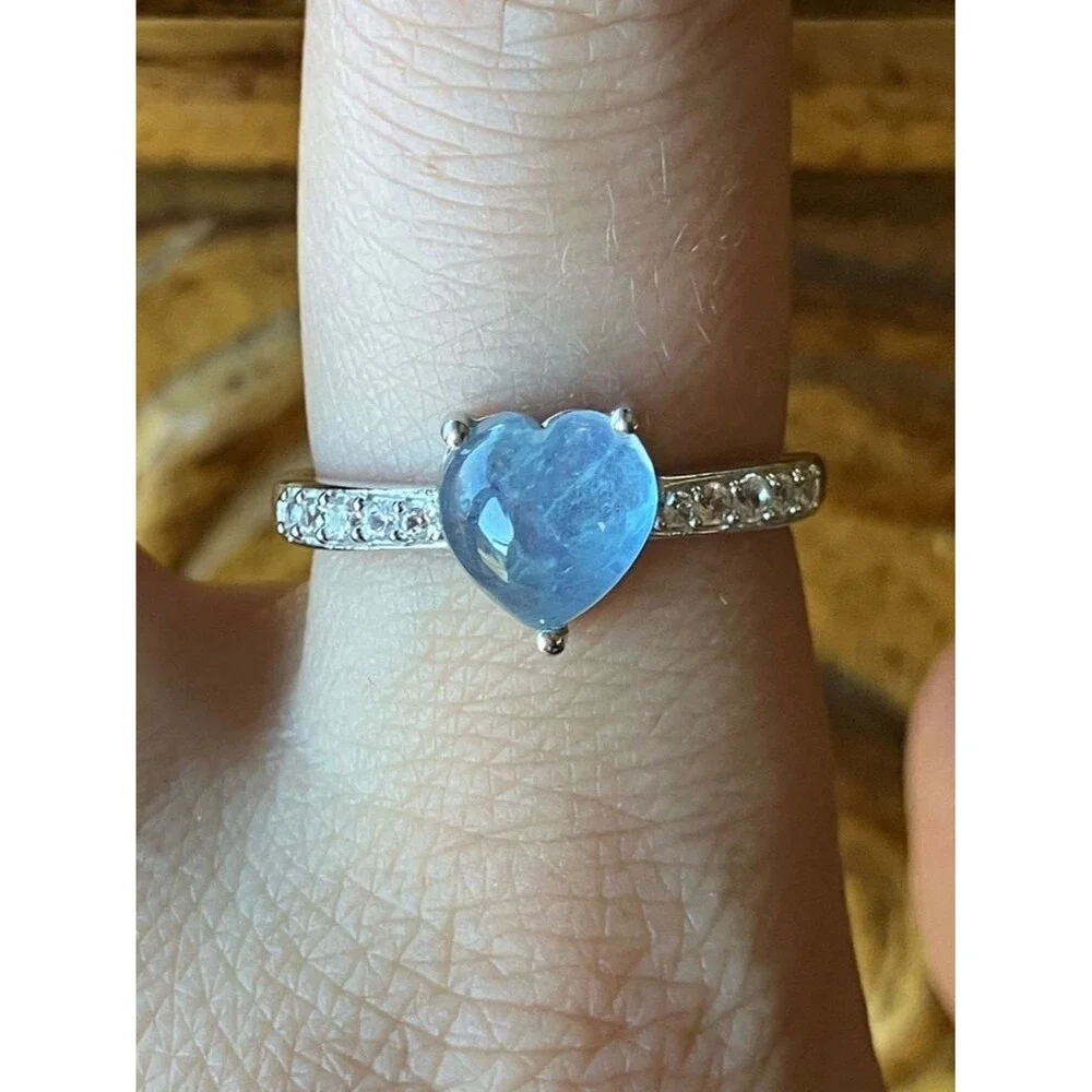 Genuine Aquamarine Sterling Silver Heart Ring Size 8.75